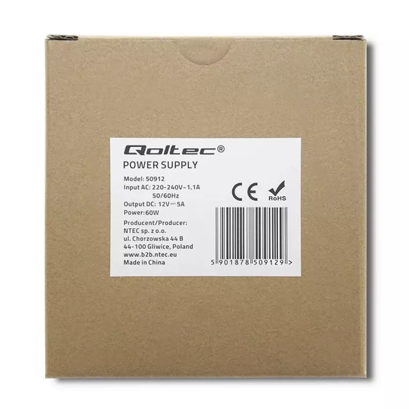 Qoltec Din Rail Power Supply | 60W | 12V | 5A | White | Slim