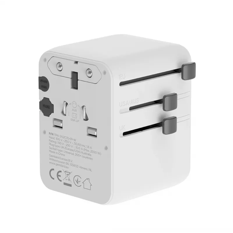 Travel adapter GEMBIRD TPA-2A3C70-01-W — Type I plug, 3× USB-C (70W), 2× USB-A (18W), 100–250V, white