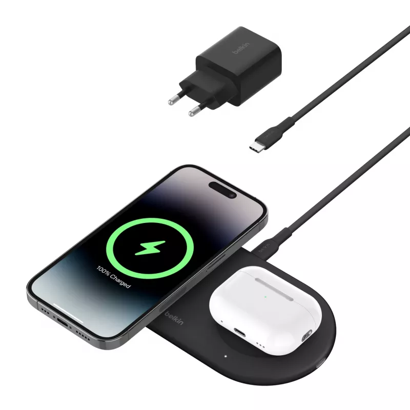 Belkin WIZ021VFBK - 2-in-1 wireless charging pad with Qi2 technology 15 W, black