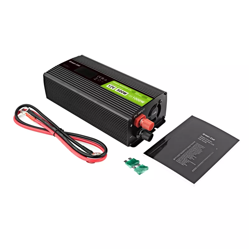 Green Cell Voltage Converter PowerInverter LCD 12 V 500W/1000W Car Inverter with display - pure sine wave power adapter/inverter Auto Black