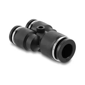 Pneumatic Y-connector DELOCK 2×8 mm → 1×10 mm with mounting hole, metal/plastic, 44 mm