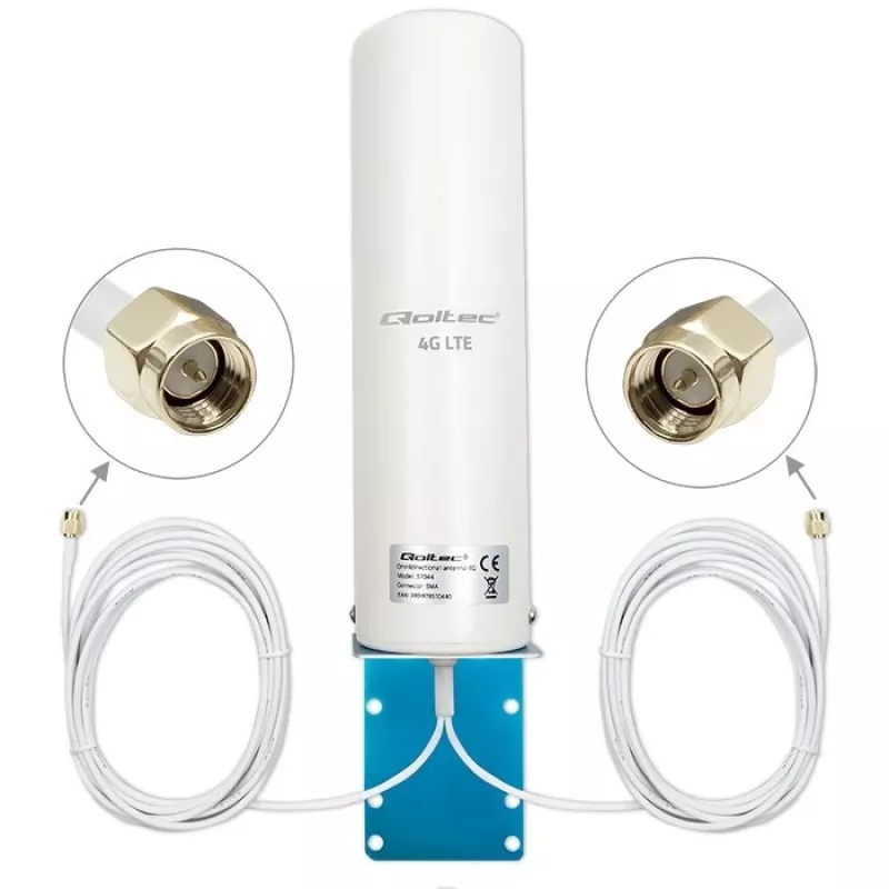 Outdoor omnidirectional 4G LTE antenna QOLTEC 57044, 5 dBi, 600–2700 MHz, 50 W, 50 Ω, white copper housing