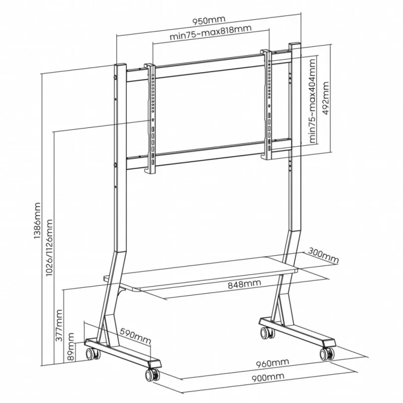 Mobile TV stand ART STO SD-22 for 45–90 inch screens, VESA 100×100–800×400, load 60 kg, steel, castor wheels