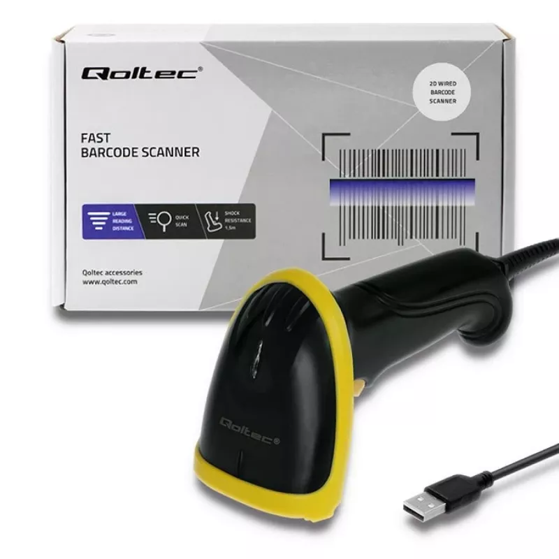 Handheld barcode reader QOLTEC 50867 — 1D/2D laser scanner, USB wired, 600 mm range, yellow/black