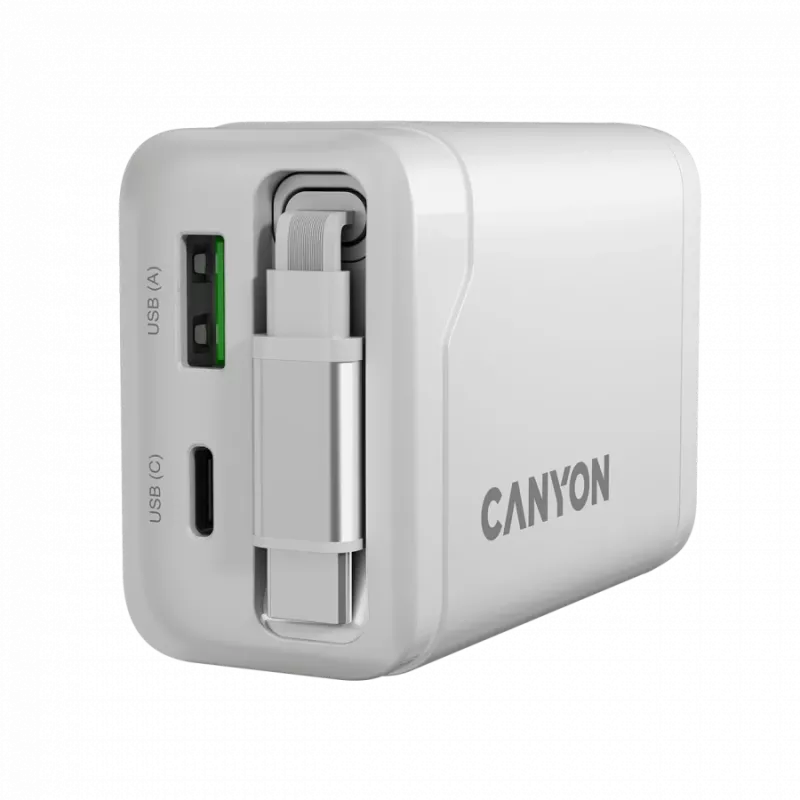 CANYON charger OnCharge 65RC with built-in USB-C cable 65W, 1x PD, 1x QC, EU plug, White
