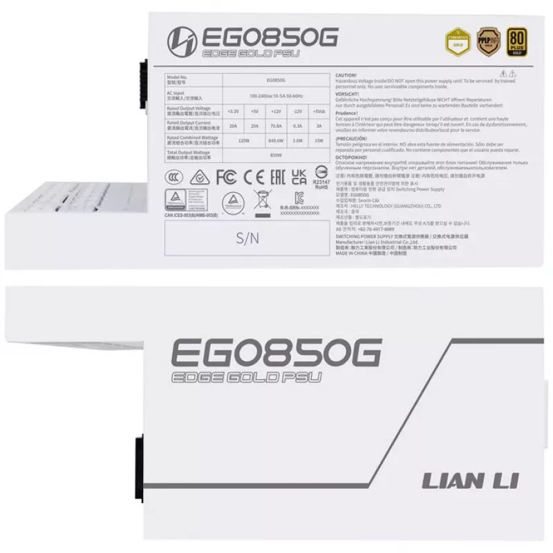 Lian Li EDGE GOLD 850 80 PLUS Gold Power Supply, PCIe 5.1, ATX 3.1 - 850 Watt, white