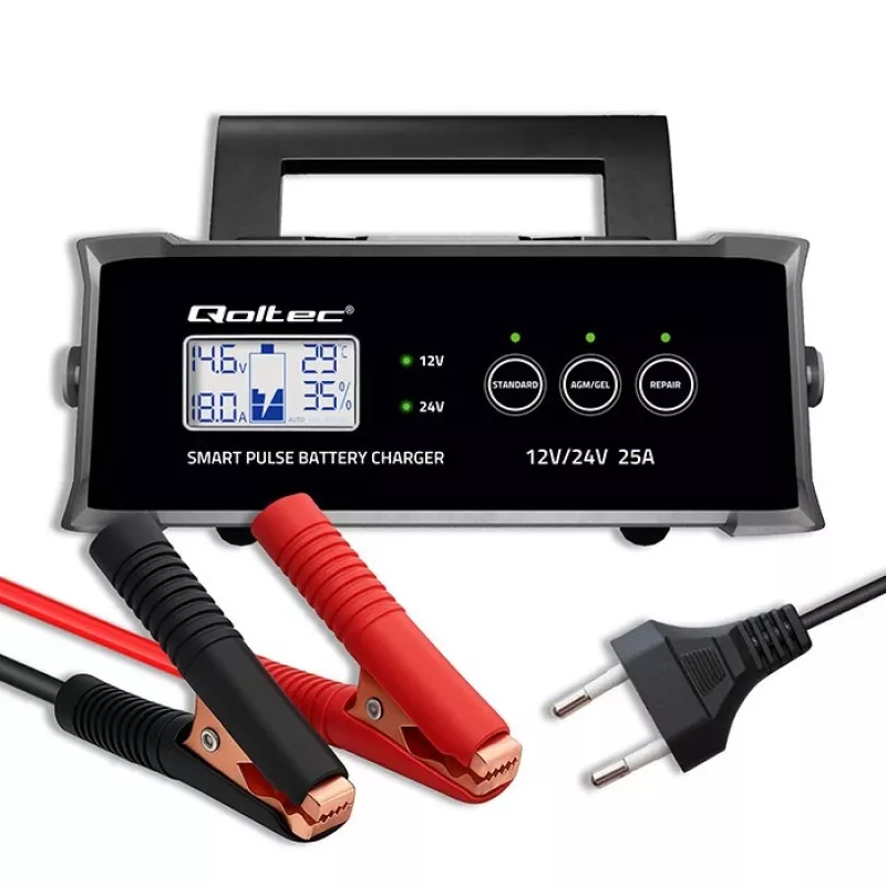 Battery charger QOLTEC 52514 — 12V/24V, 25A, for AGM/GEL/SLA batteries with LCD display