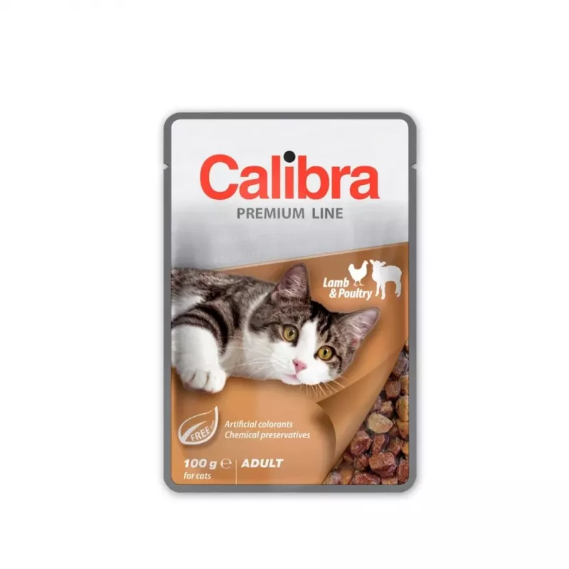 Wet cat food Calibra Premium Adult Lamb & Poultry 100 g pouch, complete wet food, grain-free