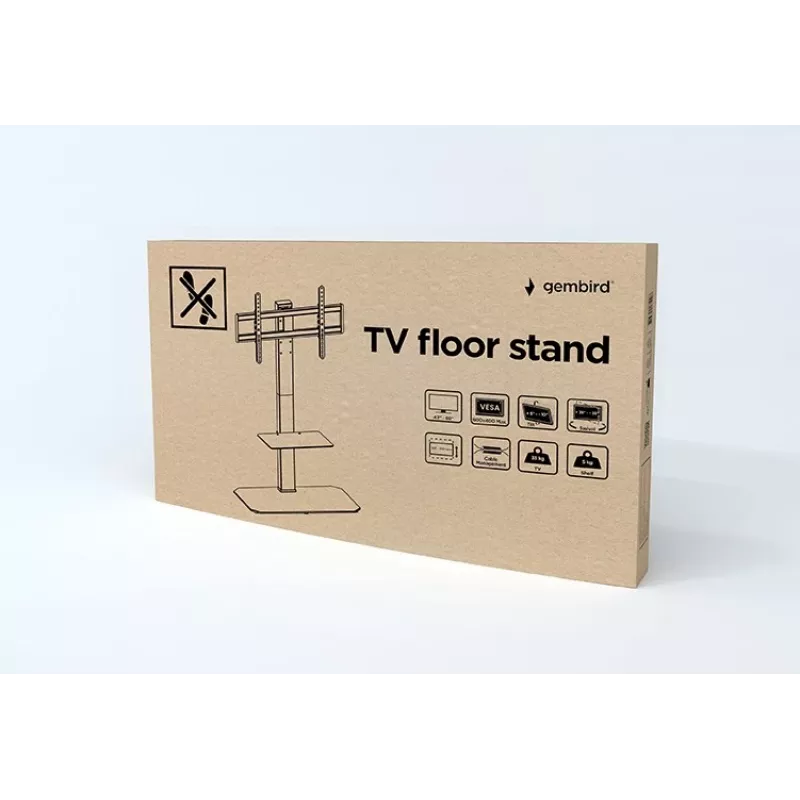 Floor TV stand GEMBIRD TVS-86ST-01 for 43–86 inch TVs, black, tempered glass base, VESA 100x100–600x400, max 60 kg