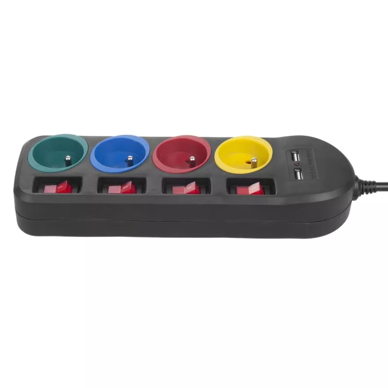 Power strip MACLEAN MCE229B — 4 AC sockets, 2× USB-A, 1.5 m cable, 10 A, Type F, indoor, black