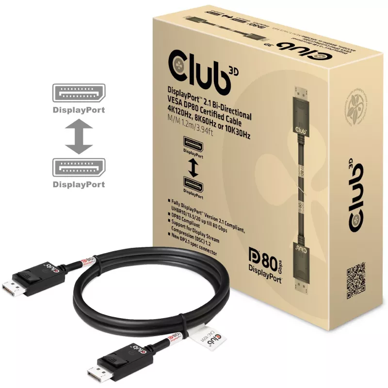 CLUB3D DisplayPort 2.1 Bi-Directional VESA DP80 Certified Cable 4K240Hz, 8K60Hz or 10K30Hz M/M 1.2m/3.94ft