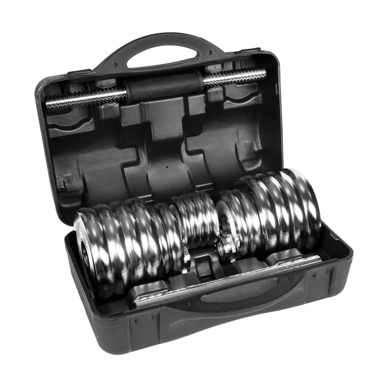 Adjustable Cast Iron Chrome Dumbbell Set 30 kg in Case with Barbell Handle by Rebel Active