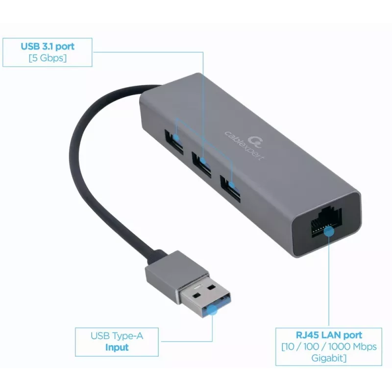 Gembird A-AMU3-LAN-01 USB-A to Gigabit LAN Adapter with 3-Port USB 3.0 Hub, Black