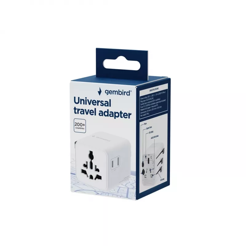 Universal travel power adapter GEMBIRD TPA-INT-01-W — input 100–250V, Type G plug, compact dimensions 84×56×85 mm