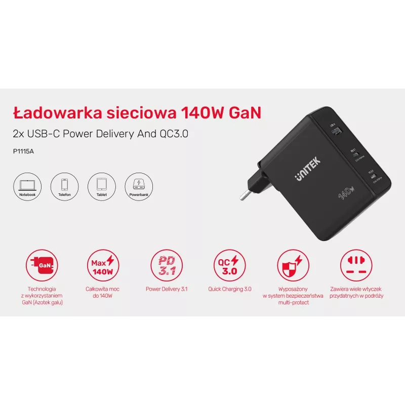 UNITEK P1115A mobile device charger Black