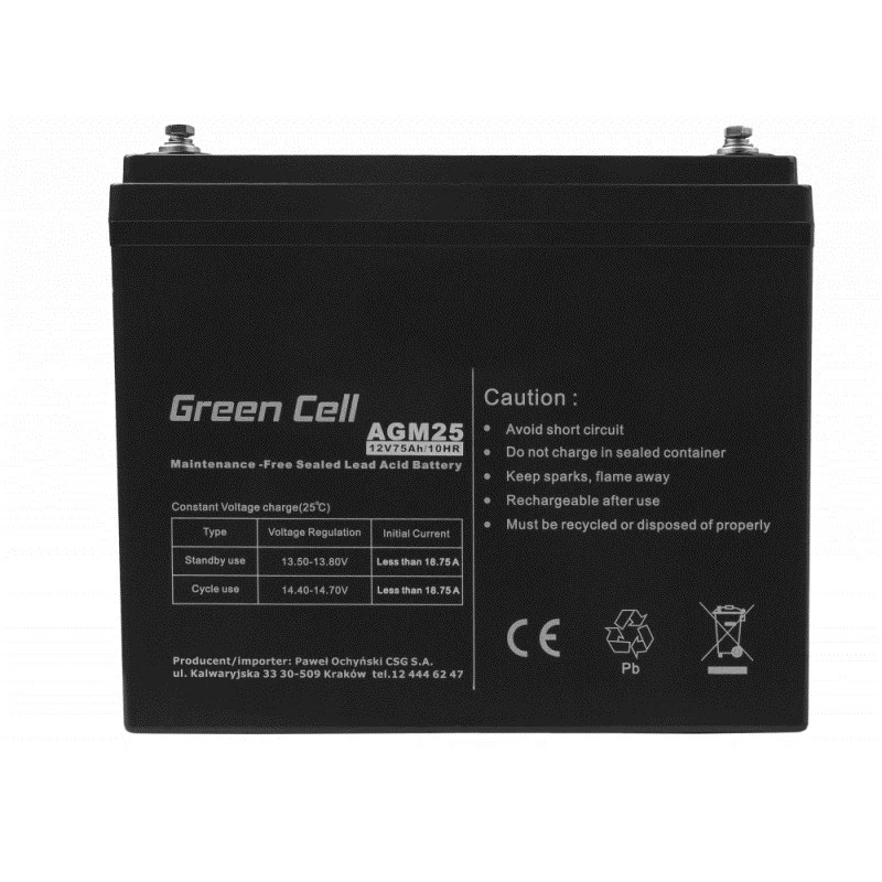 Sealed Lead Acid UPS battery Green Cell AGM25 12 V 75 Ah, VRLA, 75Ah, 12V, 21.3 kg