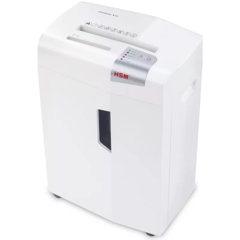 Paper shredder HSM X15, particle-cut P-4, 23 cm working width, 16-sheet capacity, 26 L bin, silver