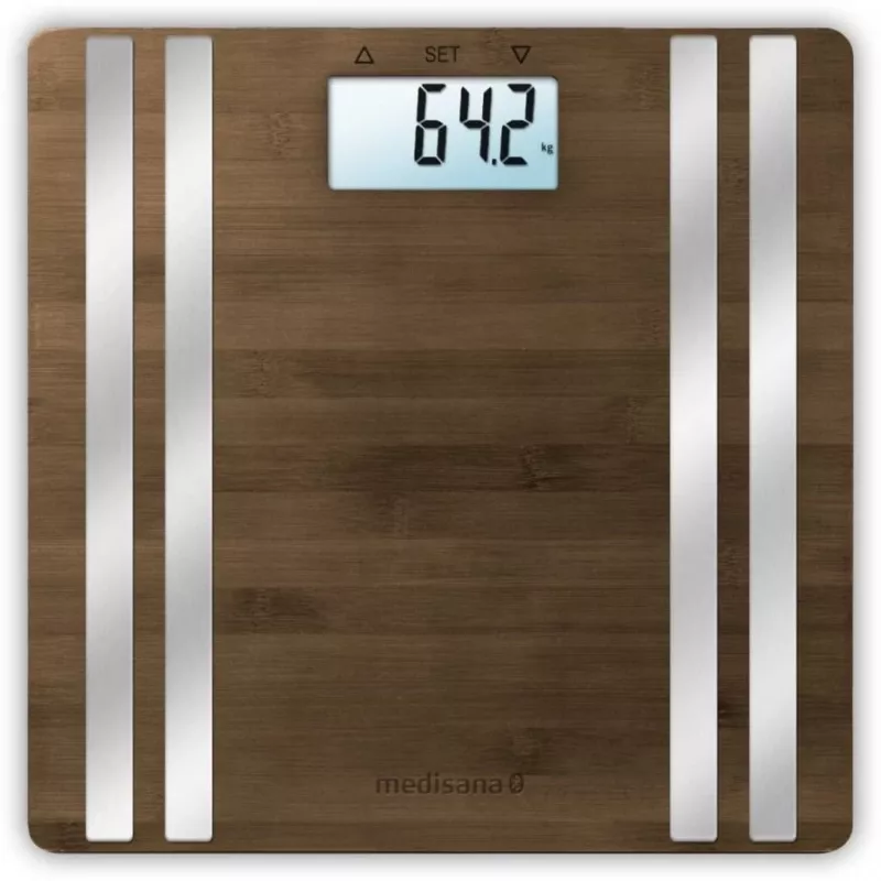 Electronic personal scale Medisana BS 552 — silver bamboo top, max 180 kg, 100 g accuracy, Bluetooth, BMI, body composition
