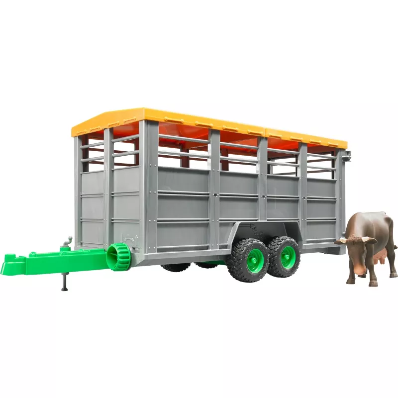 Livestock trailer with 1 cow model accessory, BRUDER, scale 1:16, plastic, green/grey