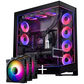PHANTEKS NV Series NV7 E-ATX-Enclosure, Tempered Glass, ARGB - black & M25 Gen2 PWM D-RGB Fan 3er-Pack - Reverse Blade, 140mm + DRGB Kit