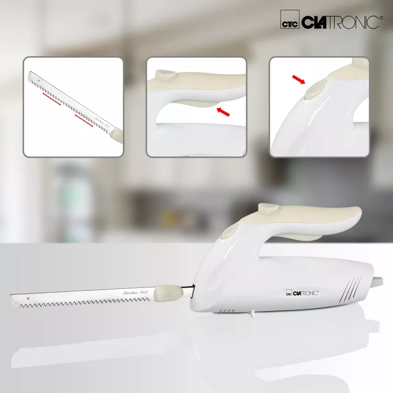 Electric knife CLATRONIC EM 3062, handheld food slicer, white, stainless steel blades, 160 W