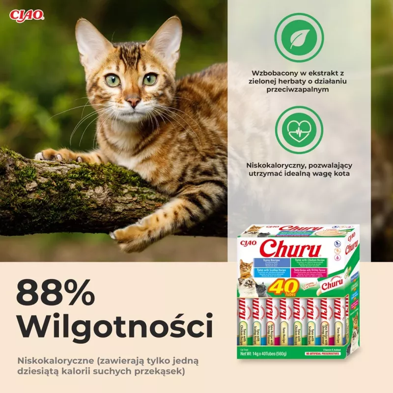 Wet cat treats INABA Churu Variety Box — Tuna, 40 × 14 g paste pouches, grain‑free, gluten‑free