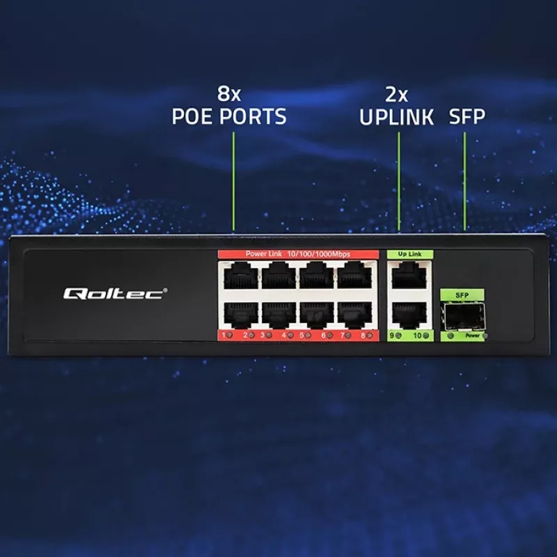 Ethernet Switch QOLTEC 52297 PoE RJ45 with PoE Uplink and SFP port