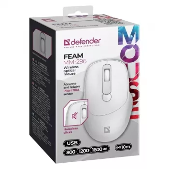 Wireless mouse DEFENDER 52297 Silent Click — ambidextrous, 2.4 GHz nano USB, 1600 DPI, white