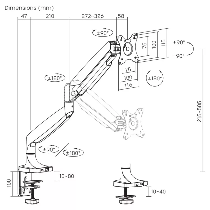 Monitor mount MACLEAN MC-969 double arm gas spring for 17–45 inch screens, max load 16 kg