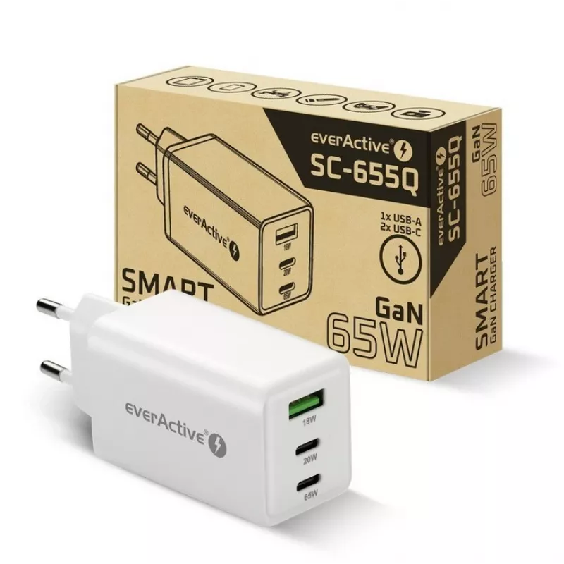 Power charger everActive SQ-655Q 65W, 1×USB-A + 2×USB-C fast charging