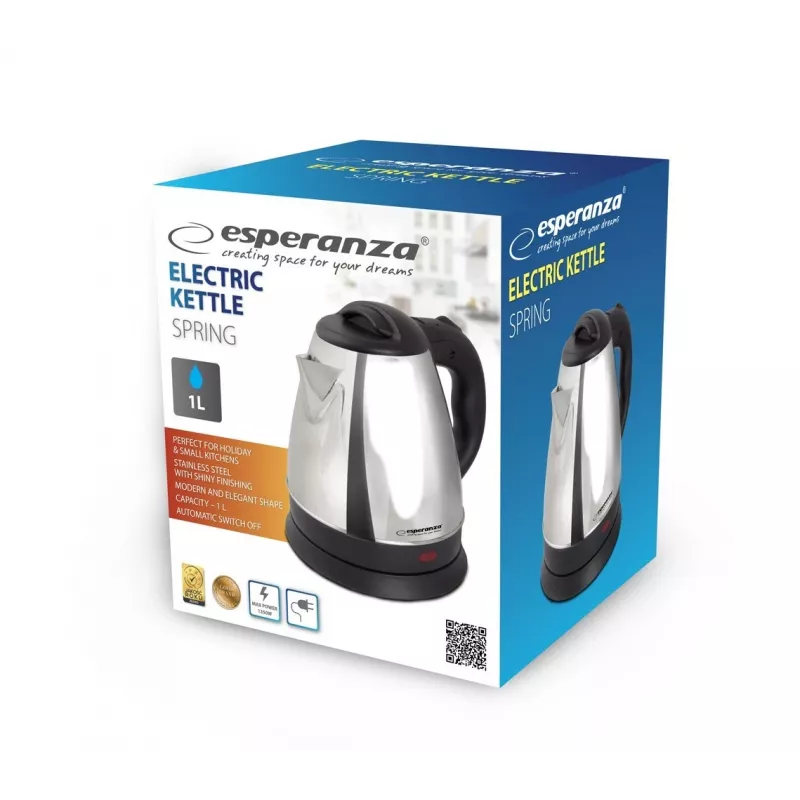 Electric kettle ESPERANZA 1.0 L stainless steel and plastic, 1350 W, cordless, auto shut-off