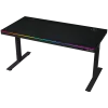 Dual-motor sit/stand adjustable-height gaming desk with wireless charger, RGB lighting, control panel, and USB ports, PB melamine surface tabletop, black.