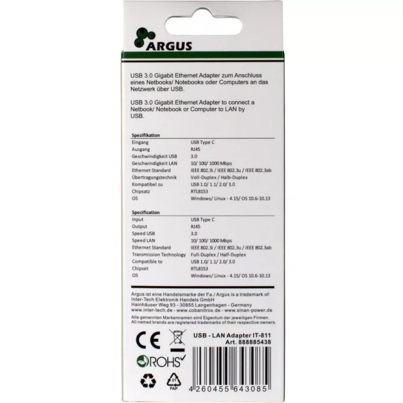 Inter-Tech Argus IT-811 - Network Adapter - USB-C - Gigabit Ethernet - Black (88885438)