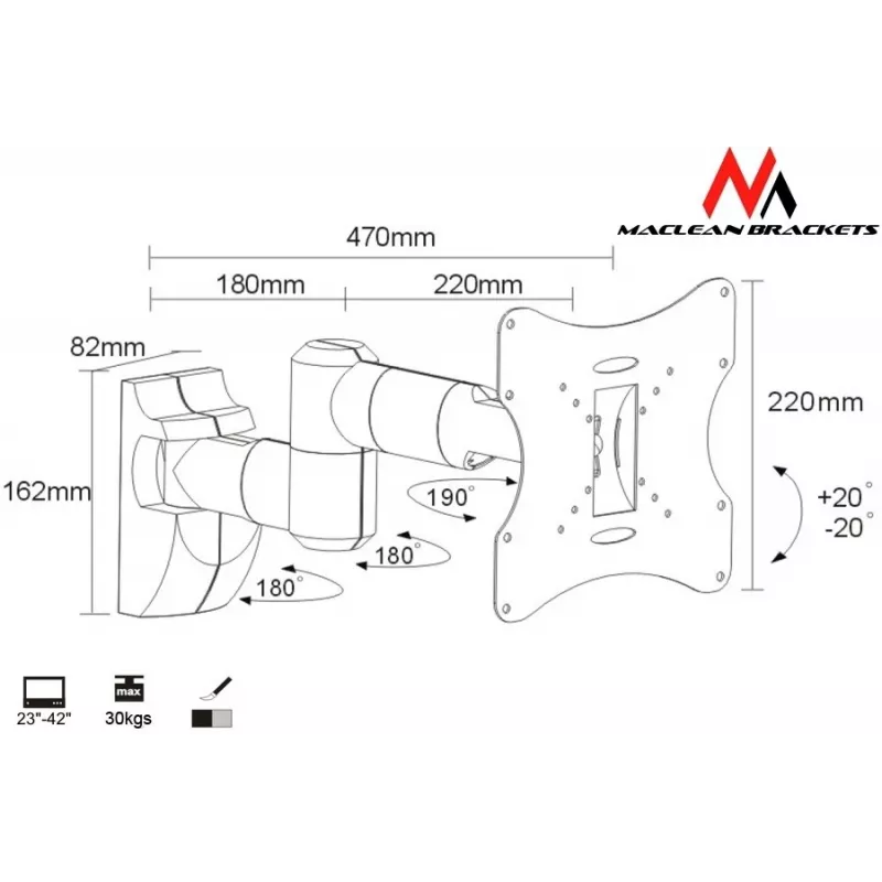 Wall mount MACLEAN MC-503A S for 23 inch–42 inch screens, tilt ±20°, VESA 75×75–200×200, 30 kg, silver