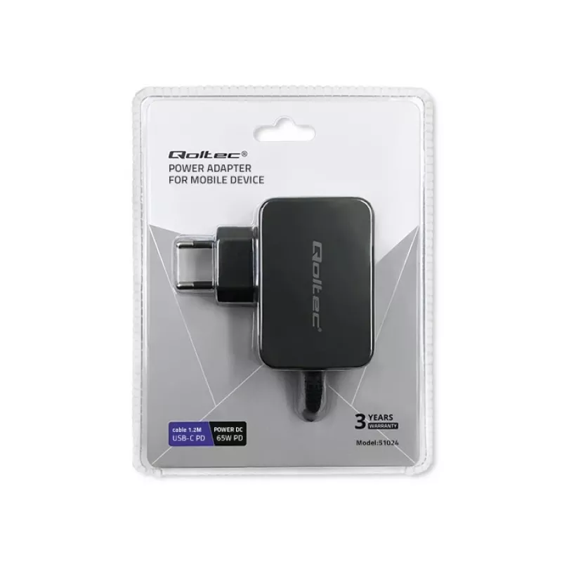 Mobile device charger QOLTEC 51024 — Universal AC indoor charger, 65W PD, 20V/3.25A, 1.2m cable, Black