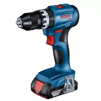 Cordless drill driver Bosch GSB 18 V — 18 V, 4 Ah Li‑Ion, 45 N·m, 500/1900 RPM, 35 mm wood, 10 mm steel, 2 batteries, charger, case