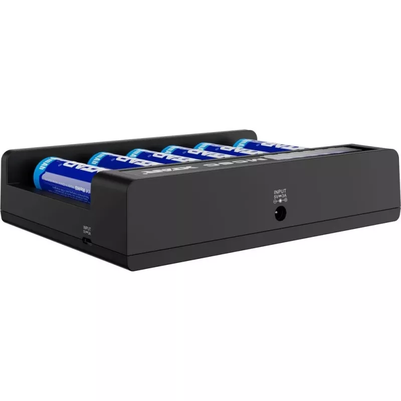 Battery charger XTAR MC6C multi-slot smart charger for cylindrical Li‑ion cells, 6‑bay, supports 18650/21700/AA, 5V input, black
