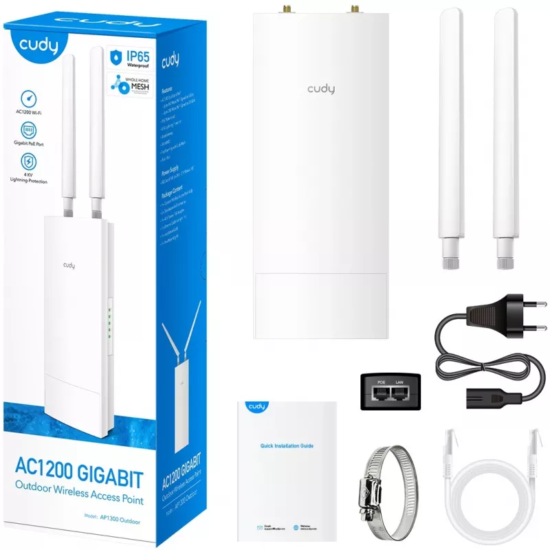 Access Point Cudy AP1300 Outdoor — dual-band 2.4/5 GHz, 300/867 Mbps, IP65, PoE, 2 external RP‑SMA antennas