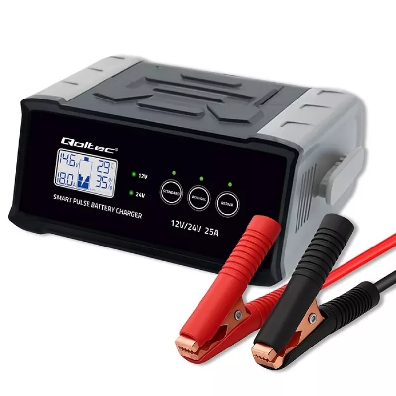 Battery charger QOLTEC 52514 — 12V/24V, 25A, for AGM/GEL/SLA batteries with LCD display