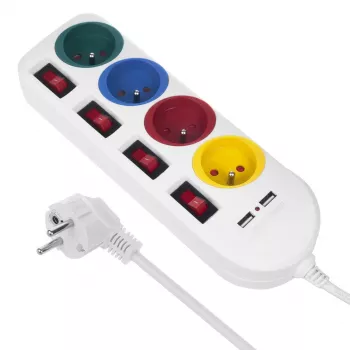 Power strip MACLEAN MCE229W — 4 sockets, 2× USB, 1.5 m cable, Type F, 10 A, white
