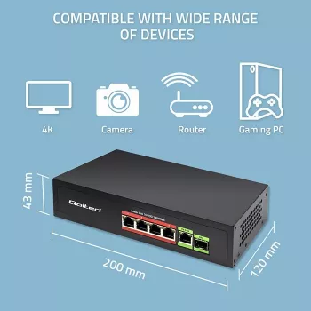 Ethernet PoE Switch QOLTEC 52296 — 4x RJ45 PoE ports, 1x RJ45 uplink