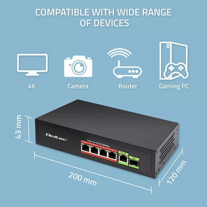 Ethernet PoE Switch QOLTEC 52296 — 4x RJ45 PoE ports, 1x RJ45 uplink