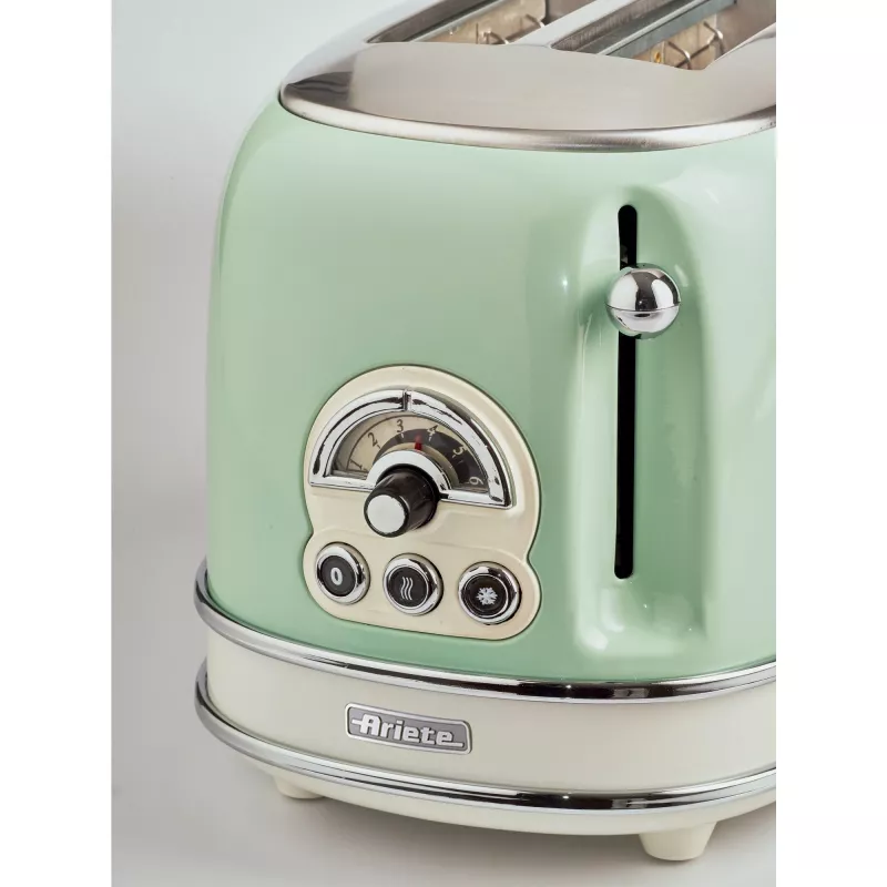 Ariete 155 Design 2 Slice Toaster with Sandwich Cages, 6 Toasting Levels, 810 W, Stainless Steel Body, Removable Crumb Tray, Pastel green