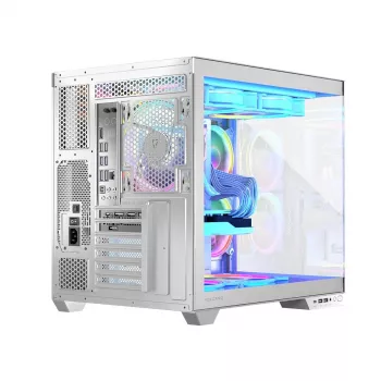 PC case MODECOM Volcano Panorama Midi Tower white — micro ATX, tempered glass, ARGB, USB-C, supports GPU 400 mm