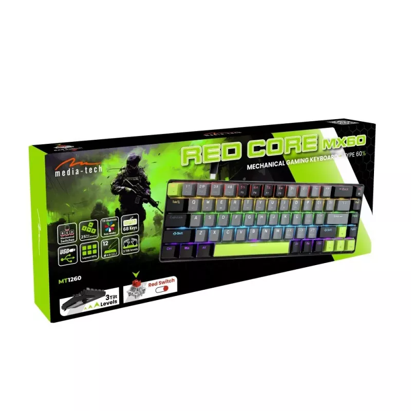 Mechanical keyboard MEDIA-TECH MT1260 Red Core MX60, 60% form factor, CHERRY MX Red switches, RGB backlight, USB, green