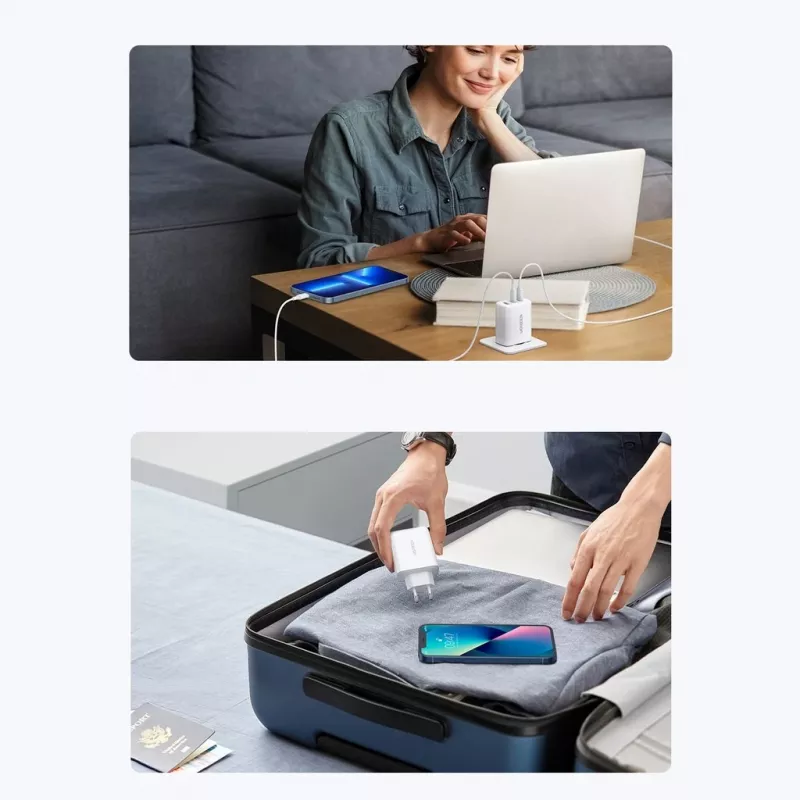 Wall charger UGREEN CD275 2× USB Type-C 65W White — dual USB-C 65W fast charging, 100–240V input