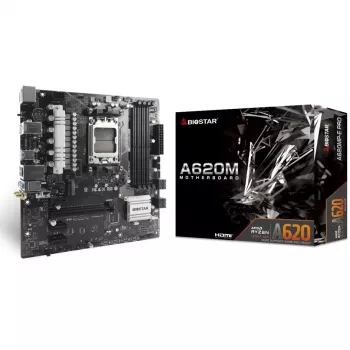 Motherboard BIOSTAR A620MP-E PRO — AMD A620 microATX, Socket AM5, DDR5, 4 DIMM, max 128 GB, 2.5Gb LAN