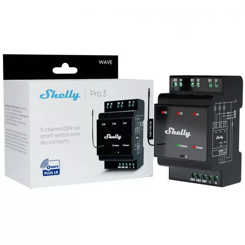 Smart relay Shelly Wave PRO 3 — black, plastic housing, 110–240 V AC, 50–60 Hz, 0.3 W, 53×59×96 mm