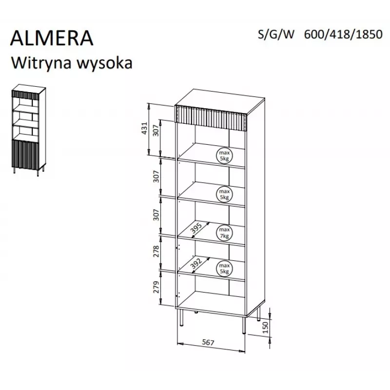 Cama 3 ALMERA bookcase 60x42x185 walnut/cashmere