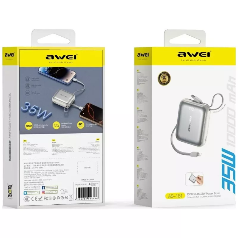 Power bank Awei AS-181 10000mAh 35W with built-in cable